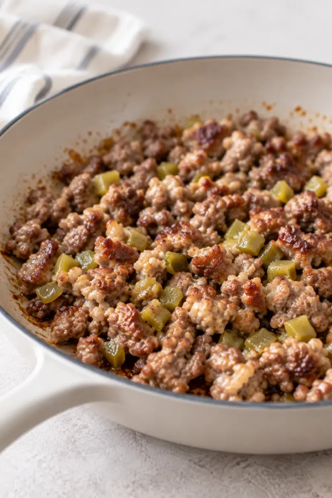 Egg mixture being poured over sausage hash brown breakfast casserole