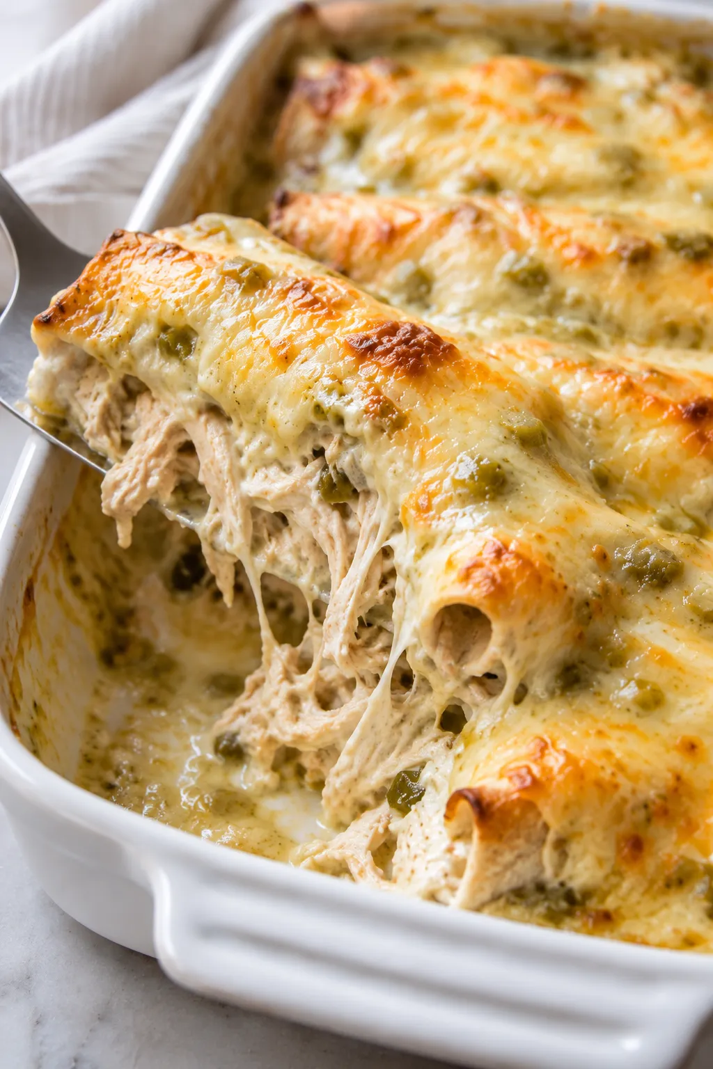 Cream cheese chicken enchilada lifted from the baking dish with shredded chicken filling