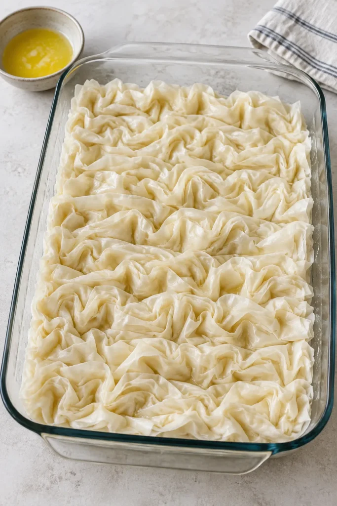 Accordion-folded phyllo dough arranged in a 9x13 baking dish
