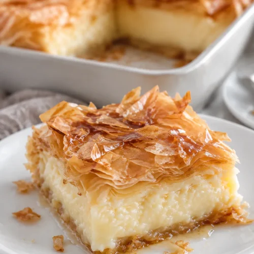 Crinkle cake slice with flaky phyllo and vanilla custard