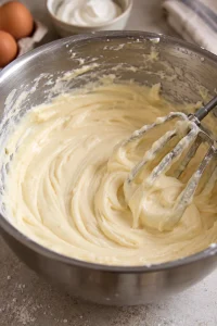 Creamy cheesecake filling being mixed for pecan cheesecake pie