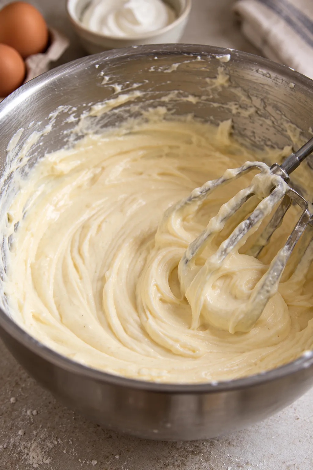 Creamy cheesecake filling being mixed for pecan cheesecake pie