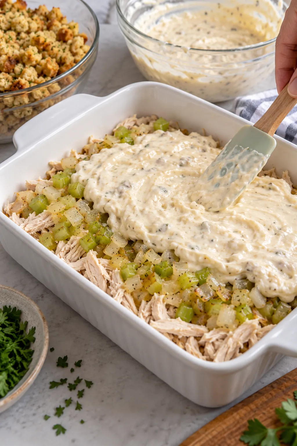 Creamy soup mixture spread over shredded rotisserie chicken, celery, and onion