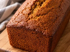 Whole moist pumpkin bread loaf with a naturally cracked golden brown top