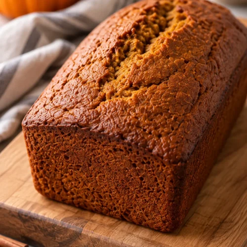 Whole moist pumpkin bread loaf with a naturally cracked golden brown top