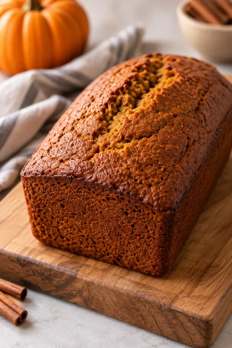 Whole moist pumpkin bread loaf with a naturally cracked golden brown top