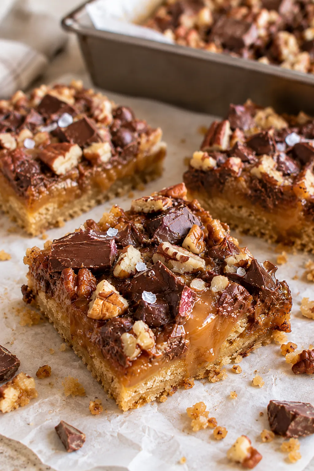 Chilled caramel chocolate crunch bars cut into neat squares