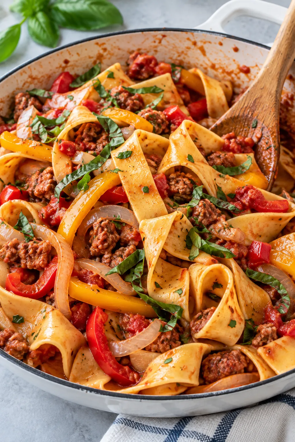 Pappardelle pasta with browned Italian sausage, tomatoes, onions, and bell peppers