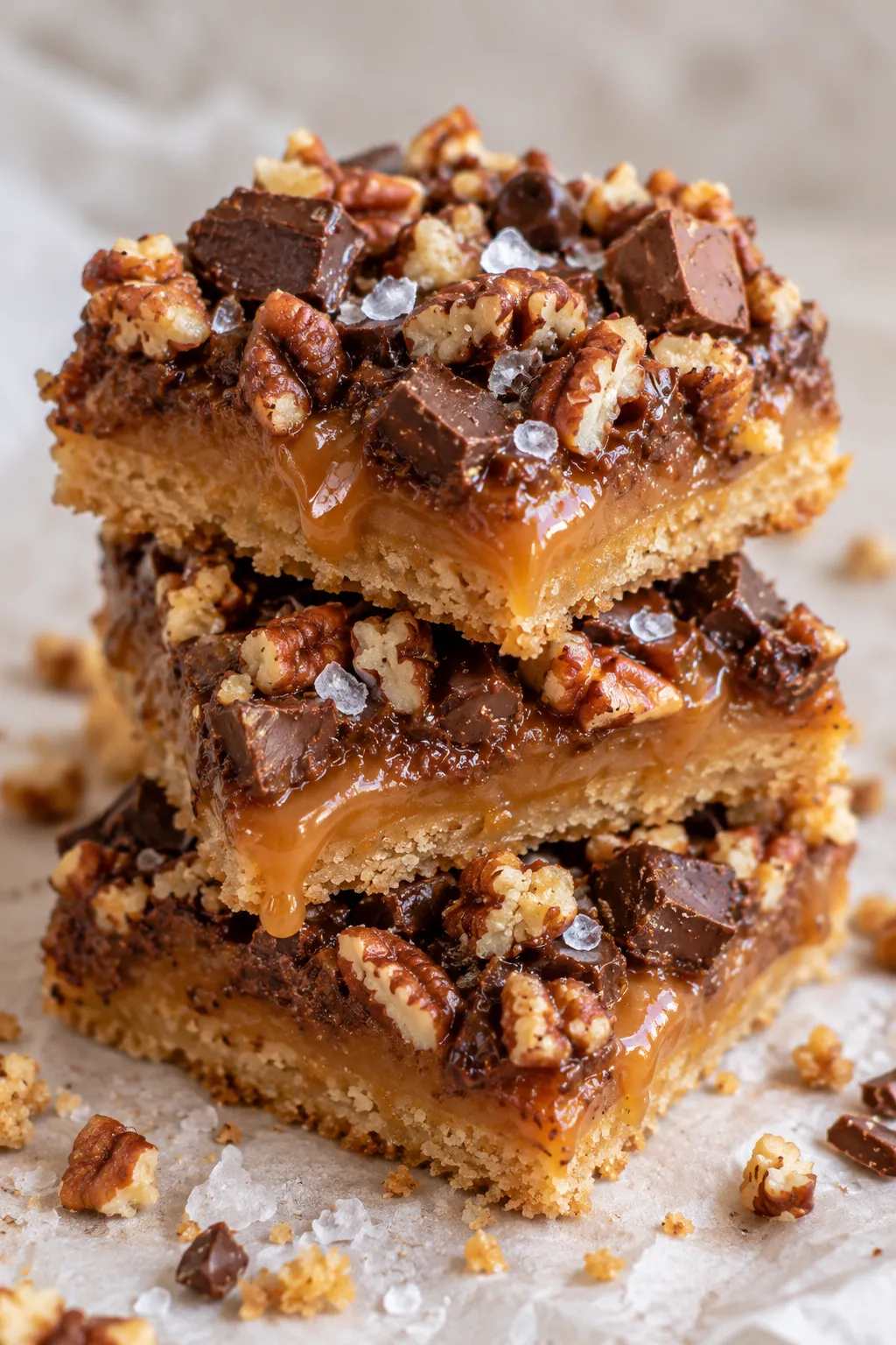 Stacked Caramel Chocolate Crunch Bars with melted chocolate and chopped pecans