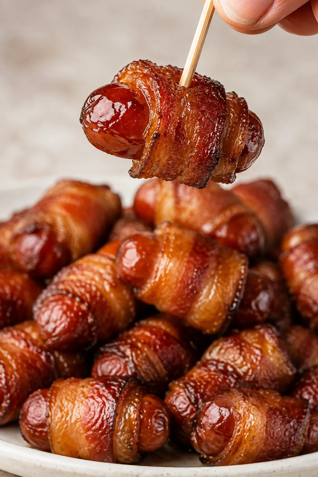 Melted butter and brown sugar mixture being poured over bacon-wrapped sausages