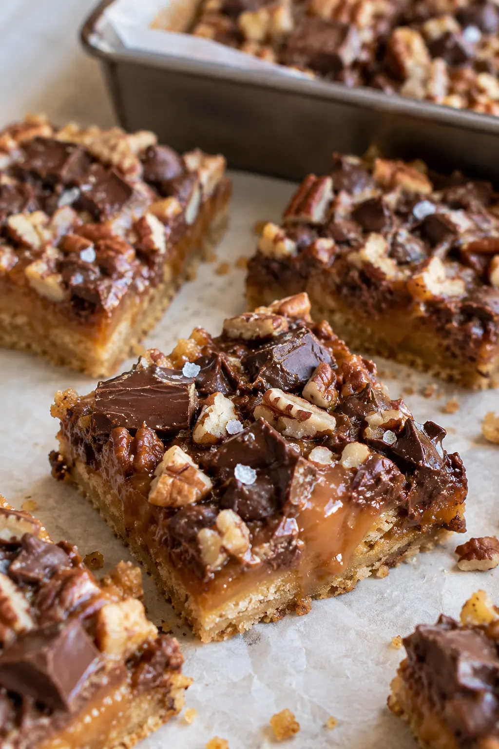 Finished Caramel Chocolate Crunch Bars ready for a dessert tray