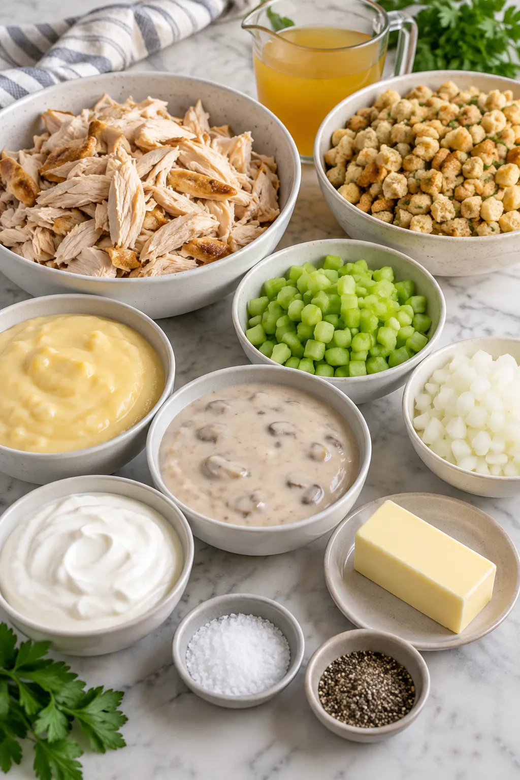 Ingredients for rotisserie chicken and stuffing casserole including chicken, stuffing, celery, onion, soups, sour cream, butter, and broth