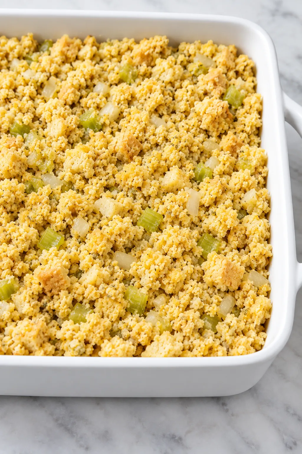 Unbaked cornbread dressing mixture spread in a white casserole dish