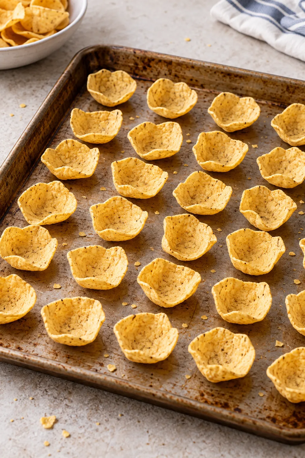 Empty scoop-style tortilla chips arranged cup-side up on a baking sheet