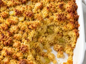 Mama's cornbread dressing baked until golden in a white casserole dish