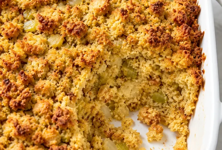 Mama's cornbread dressing baked until golden in a white casserole dish