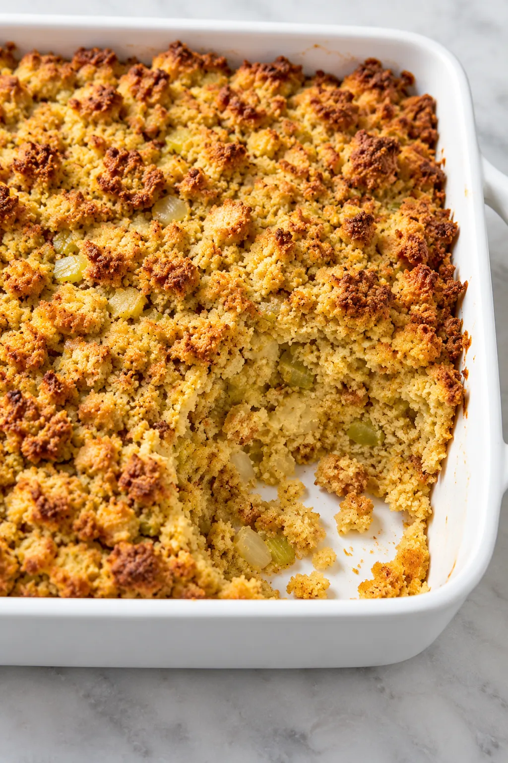 Mama's cornbread dressing baked until golden in a white casserole dish