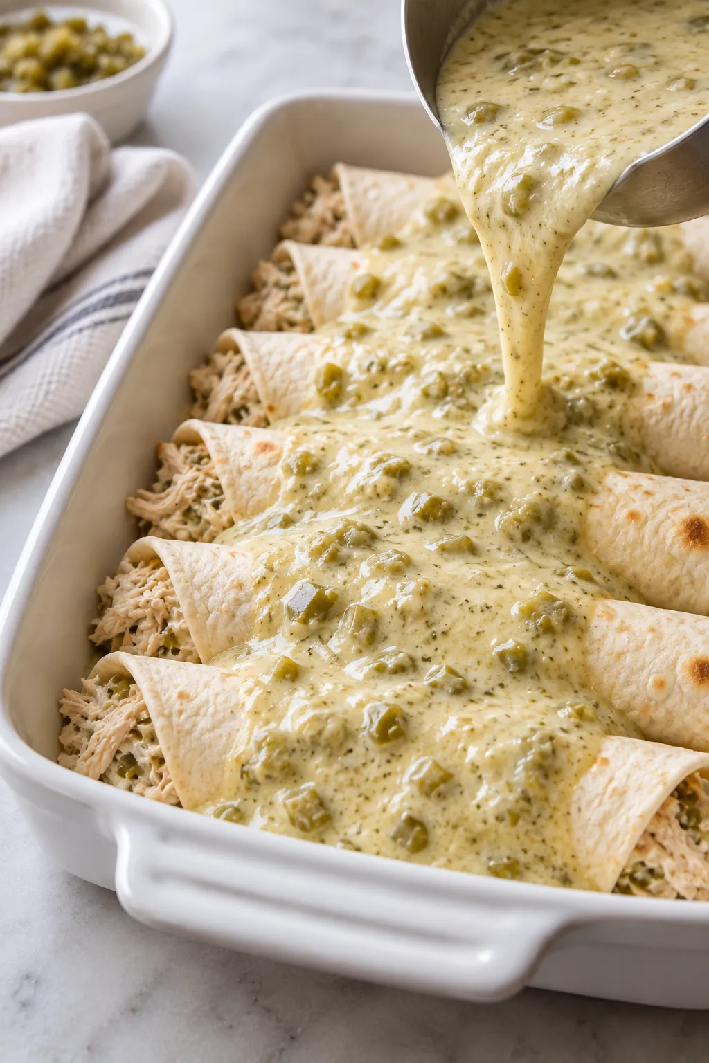 Cream cheese chicken enchilada on a plate with shredded chicken and green chile cream sauce