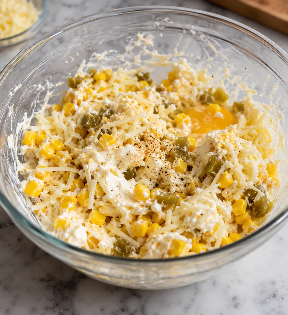 Cream cheese, corn, shredded cheese, green chiles, egg, and seasonings mixed in a glass bowl