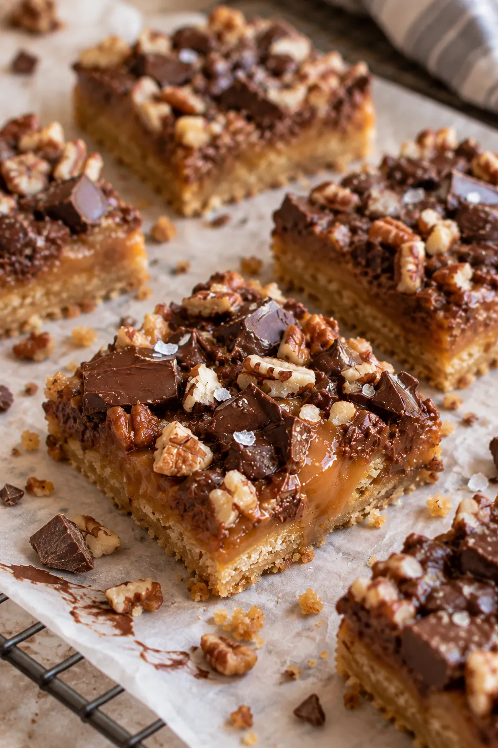 Chocolate caramel crunch bars arranged on parchment for serving