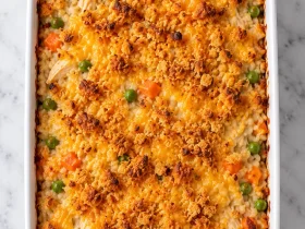 Creamy chicken rice casserole baked with chicken, rice, peas, carrots, and cheddar