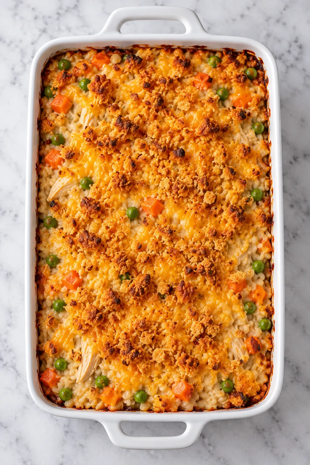 Creamy chicken rice casserole baked with chicken, rice, peas, carrots, and cheddar
