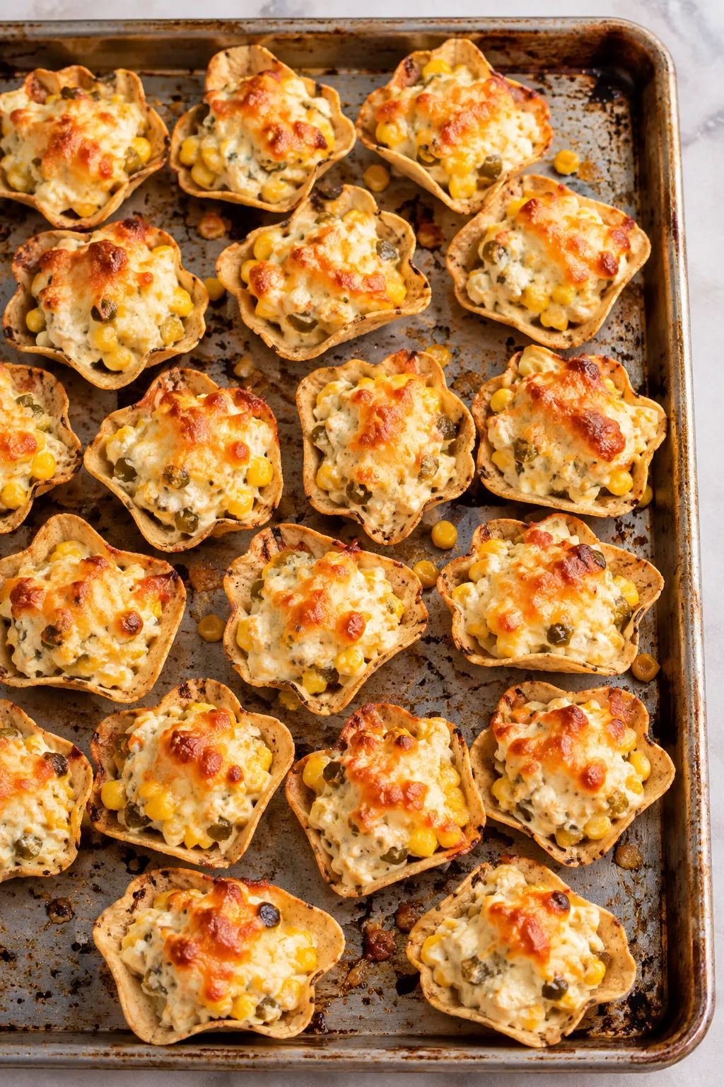 Baked Iowa Party Bites arranged in rows on a sheet pan with browned melted cheese