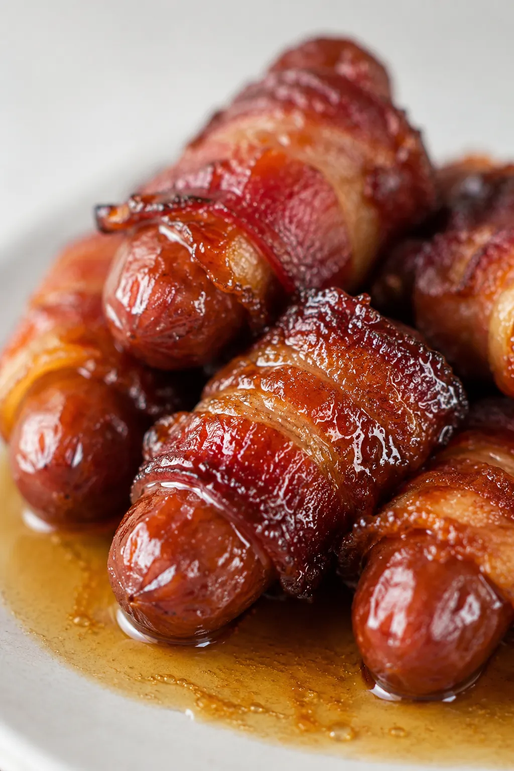 Cocktail sausages wrapped in short pieces of raw bacon