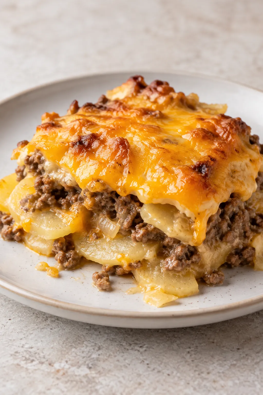 Thin sliced potatoes seasoned in a baking dish for hamburger potato casserole