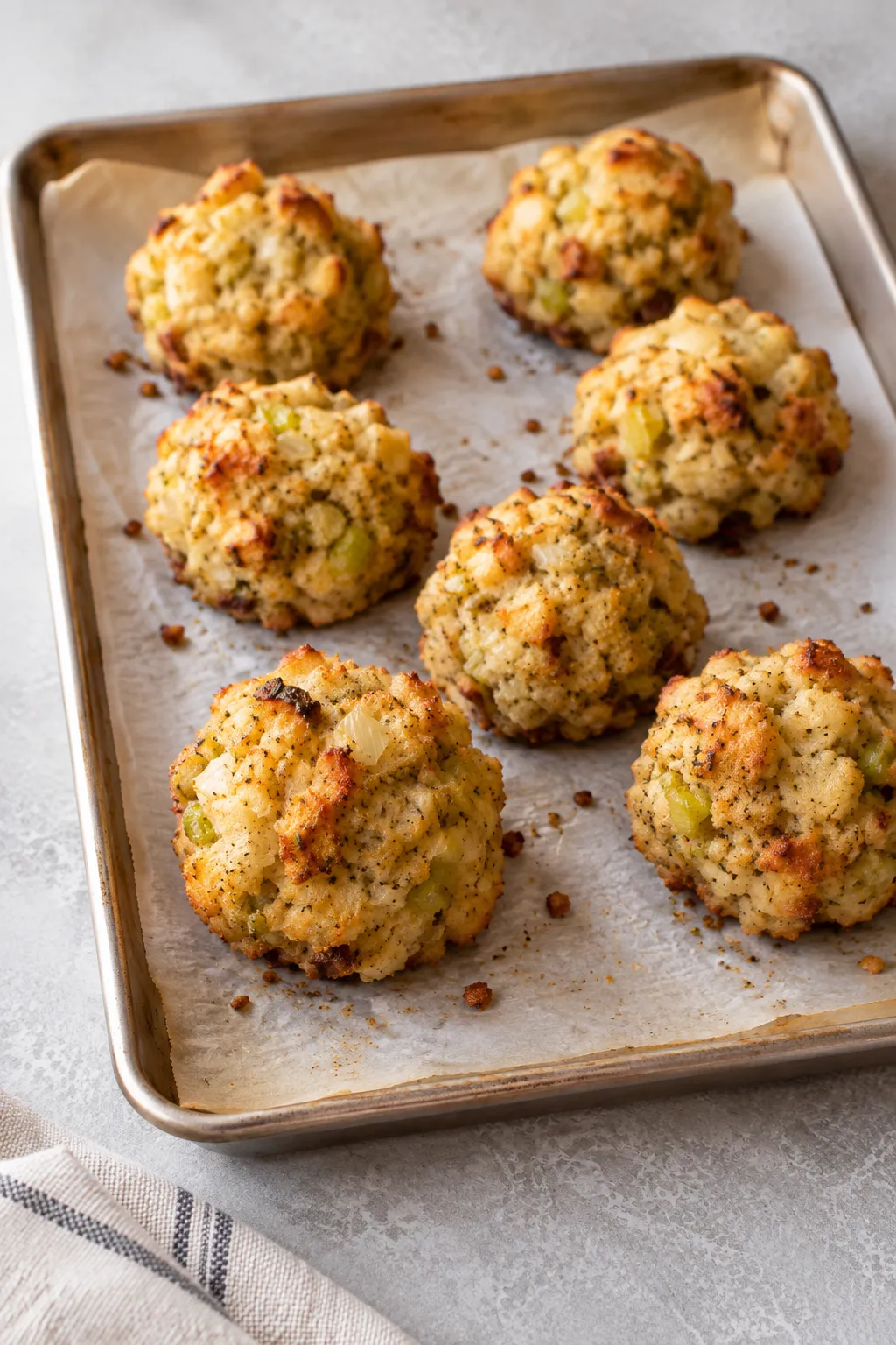 Stuffing balls baking on a parchment-lined sheet pan until lightly golden
