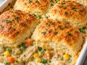 Chicken pot pie bake with creamy chicken, mixed vegetables, and golden biscuits