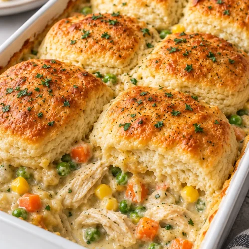 Chicken pot pie bake with creamy chicken, mixed vegetables, and golden biscuits