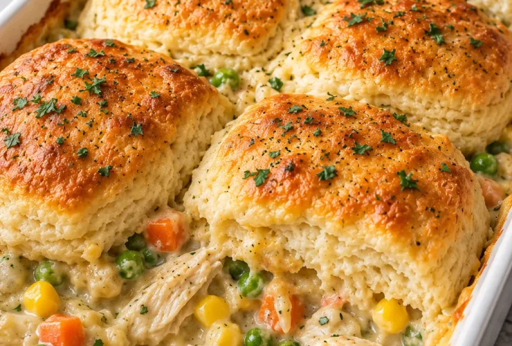 Chicken pot pie bake with creamy chicken, mixed vegetables, and golden biscuits