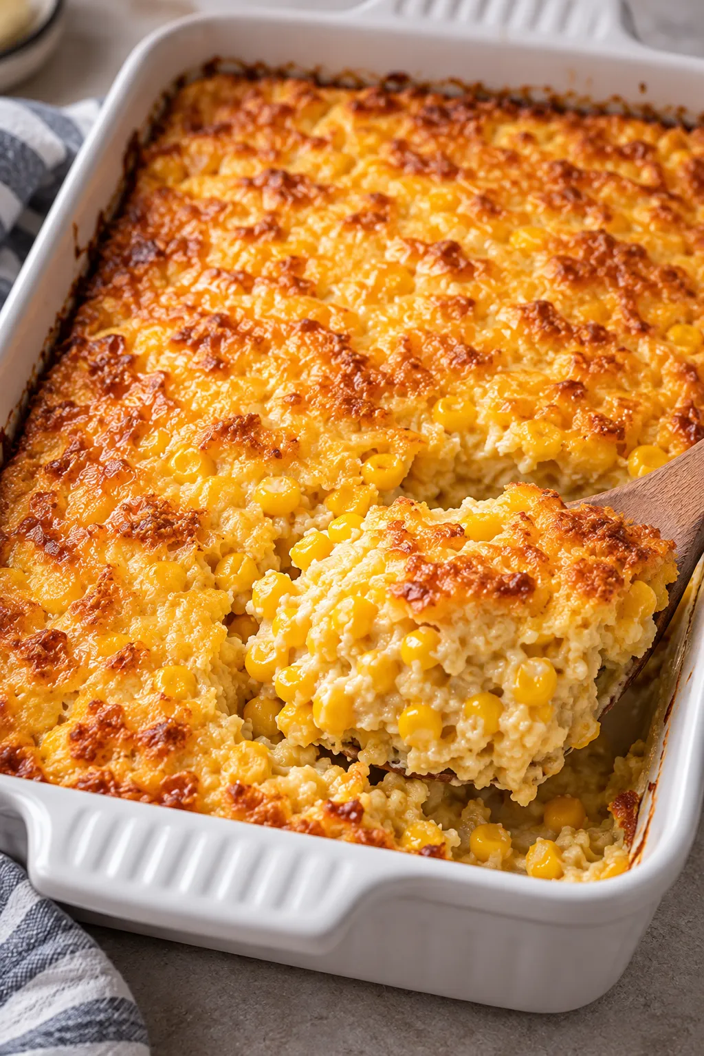 Golden corn casserole in a baking dish with a serving lifted on a spoon