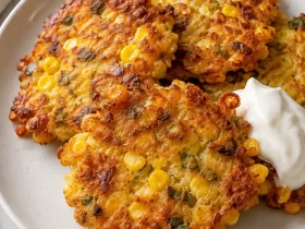 Cheesy corn fritters with crispy golden edges and sour cream on a white plate