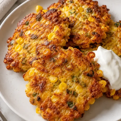 Cheesy corn fritters with crispy golden edges and sour cream on a white plate
