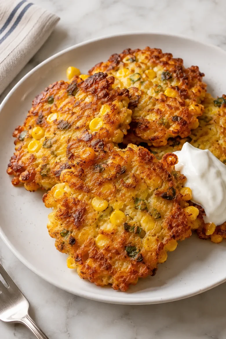 Cheesy corn fritters with crispy golden edges and sour cream on a white plate