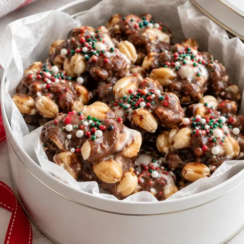 Crockpot Christmas Crack candy packed in a parchment-lined holiday tin for gifting