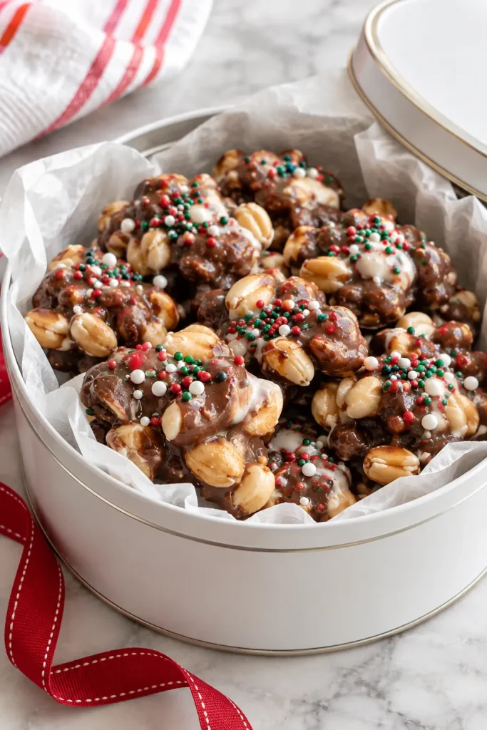 Crockpot Christmas Crack candy packed in a parchment-lined holiday tin for gifting