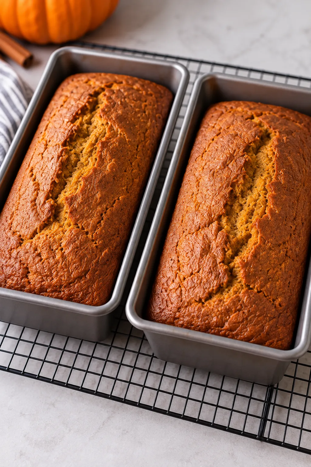 Freshly baked pumpkin bread loaves cooling after baking