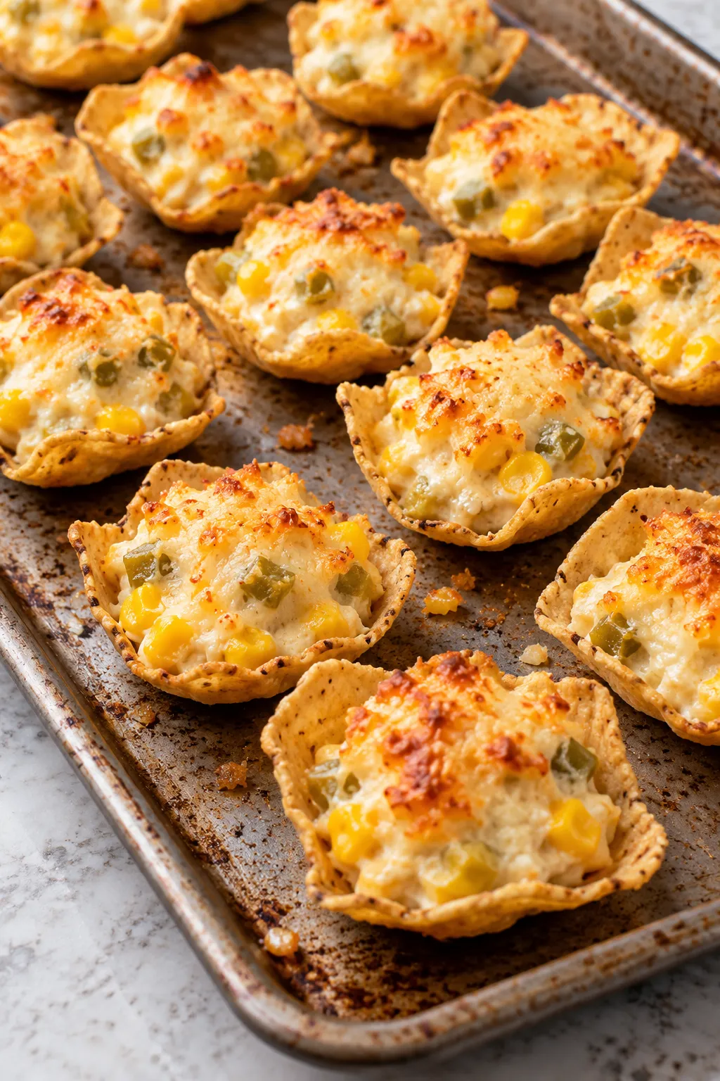 Close-up of freshly baked tortilla cups with creamy corn filling and browned cheese on a sheet pan