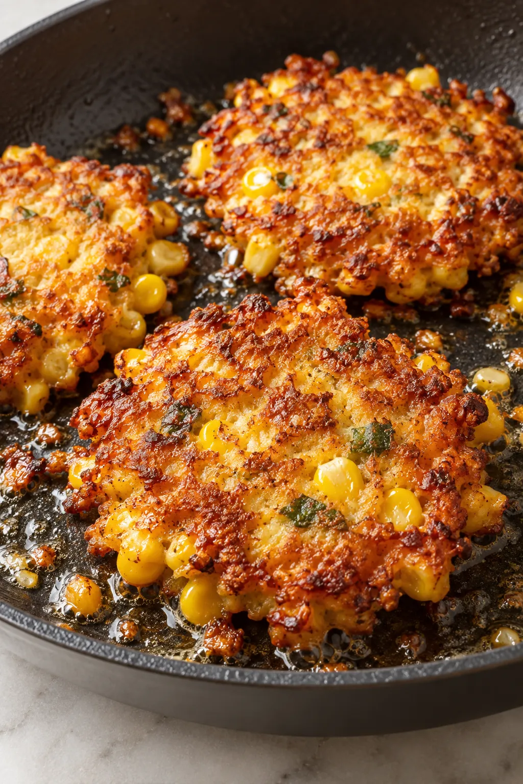 Crispy cheesy corn fritters browning in a skillet