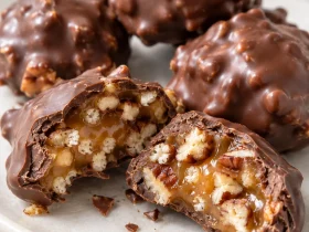 Crunchy chocolate pecan billionaires coated in semi-sweet chocolate