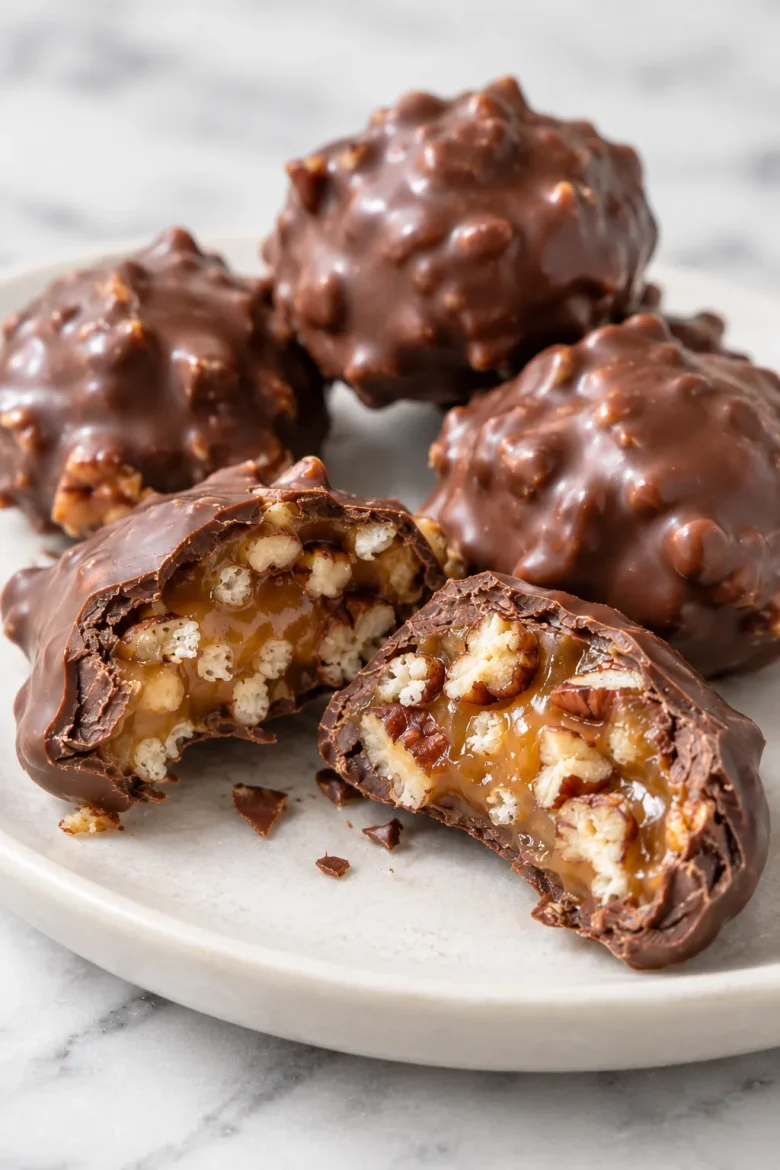 Crunchy chocolate pecan billionaires coated in semi-sweet chocolate