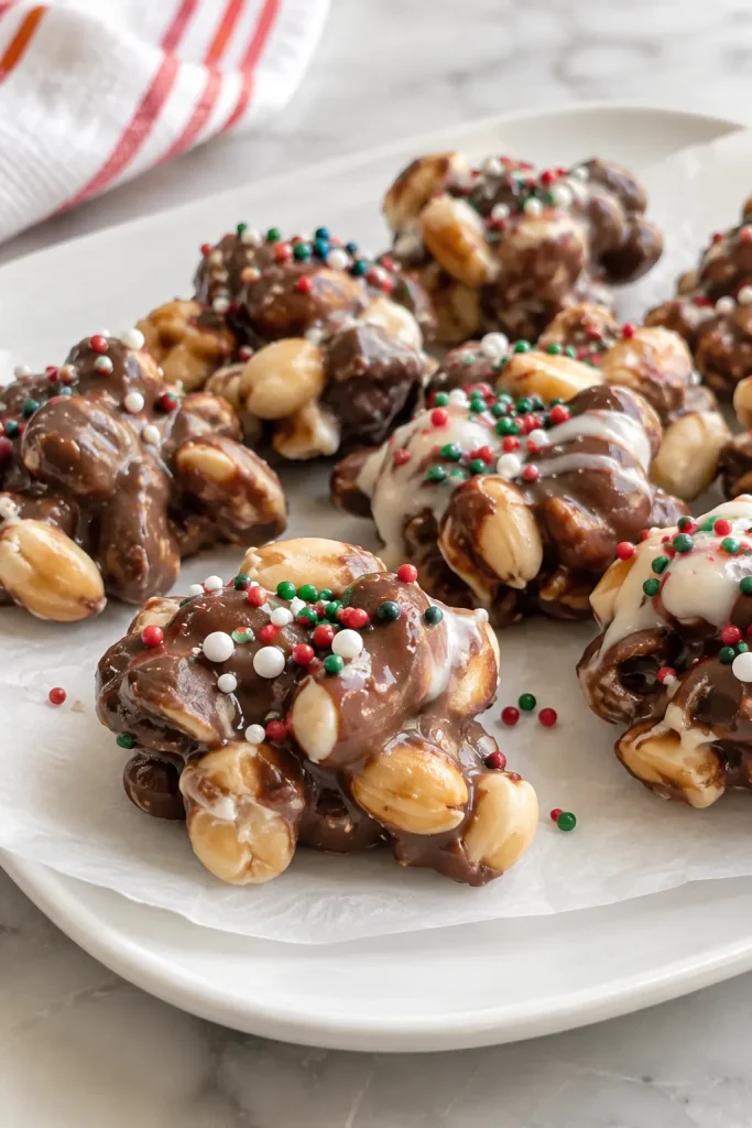 Crockpot Christmas Crack chocolate peanut clusters with holiday sprinkles on a white plate