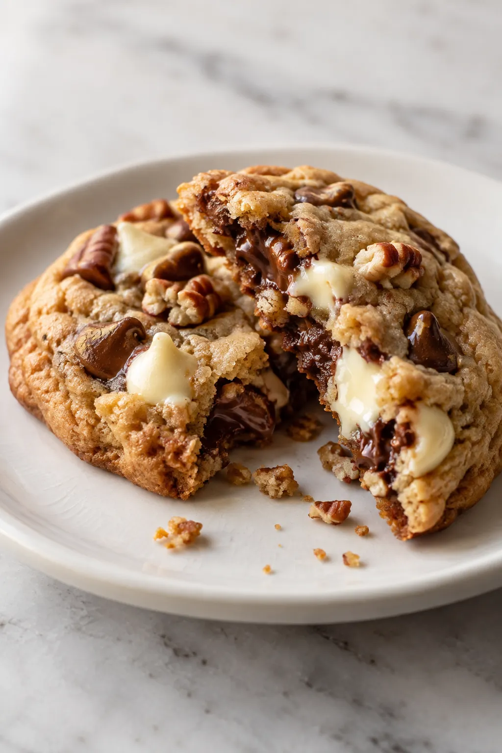 Broken chocolate chip pecan cookie showing melted chocolate and pecans