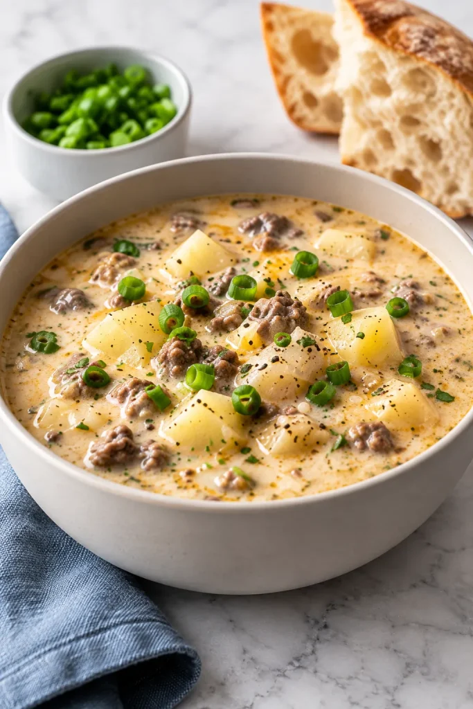 Crockpot Creamy Potato and Hamburger Soup with beef, potatoes, and cheddar