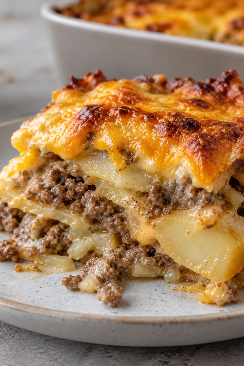 Unbaked cheesy hamburger potato casserole assembled with potatoes, ground beef, sauce, and cheddar