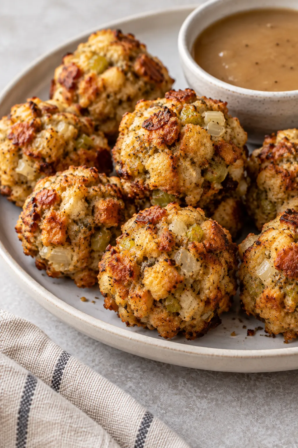 Golden stuffing balls served on a platter with a bowl of gravy