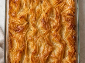 Overhead view of golden crinkle cake in a glass baking dish